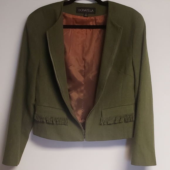 Vintage DONATELLA Green Wool Blend Cropped Zip Front Blazer Jacket 12 - Picture 5 of 8